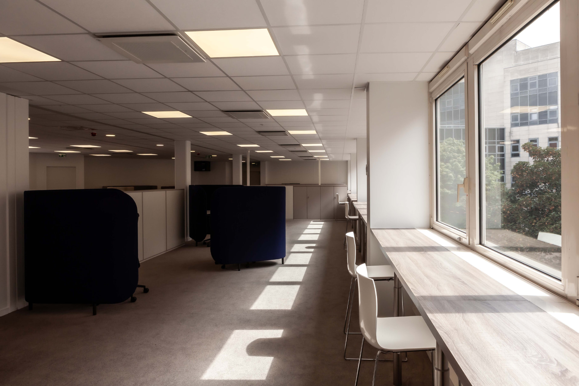 CLS Inside — open-plan office corridor with navy acoustic pods and a long window-side counter