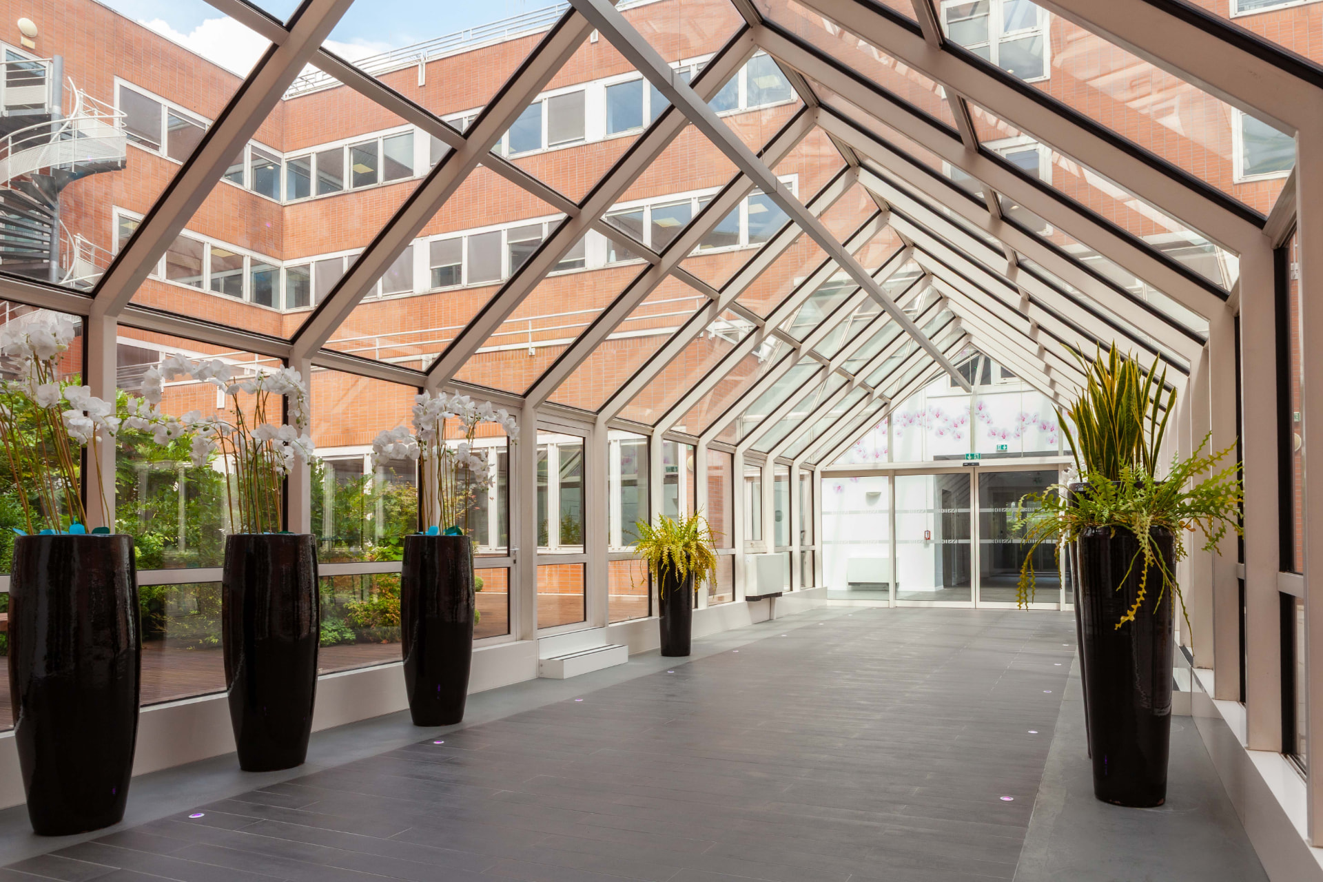 CLS Inside — glass walkway lined with tall planters of white orchids, brick building beyond
