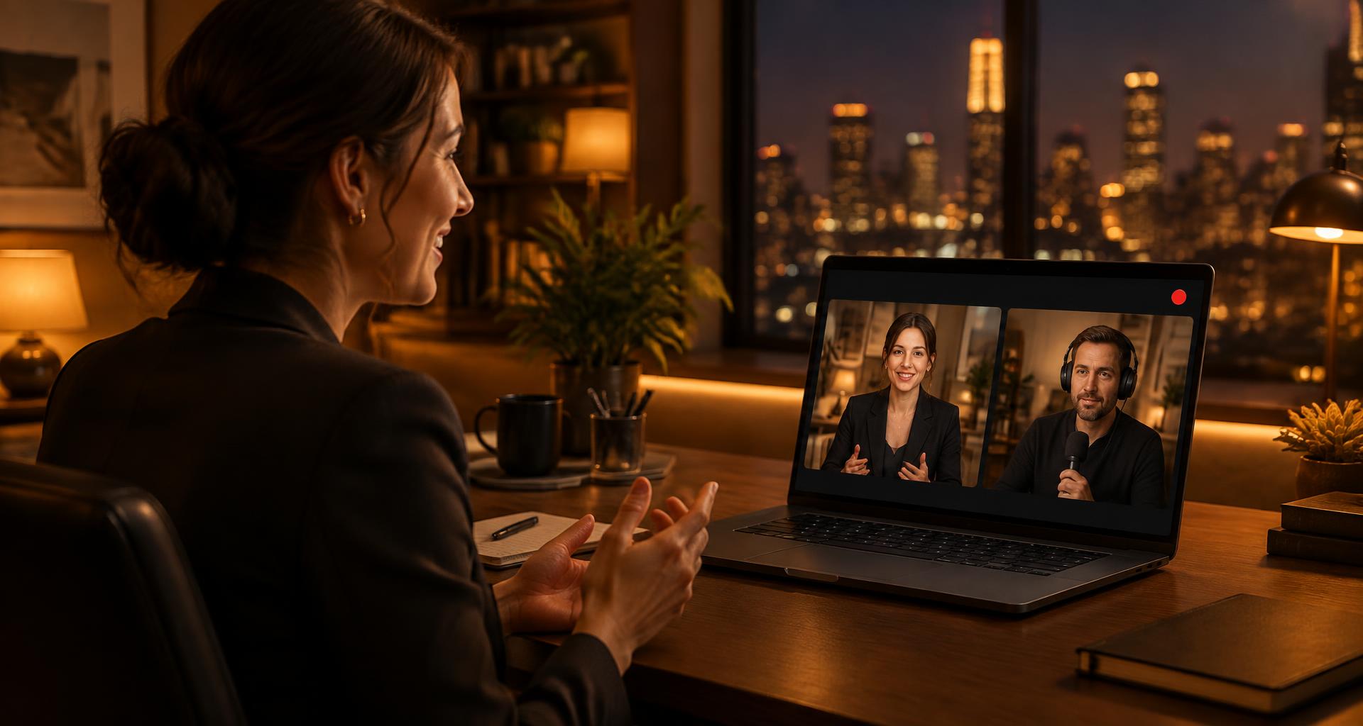 An interviewee at her laptop, recording remotely with an interviewer wearing headphones